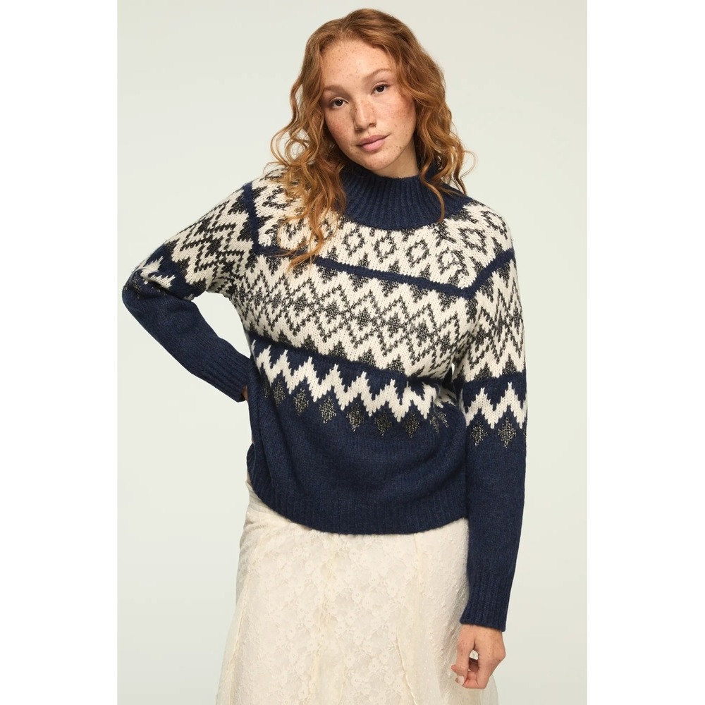 Lucky Brand Womens Navy Blue Fair Isle Mock Neck Metallic Knit Sweater Holiday